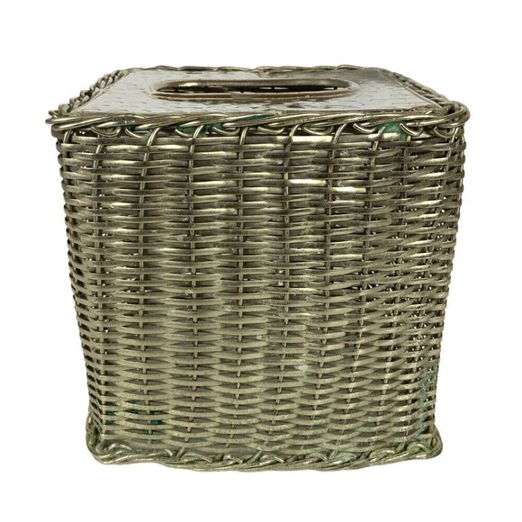Square Silver Metal Basketweave Tissue Box Holder With Hammered Chrome Finish - Picture 5 of 7